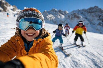 A joyful scene featuring children skiing down a snowy slope, capturing the essence of adventure, fun, and camaraderie in a stunning mountain landscape.
