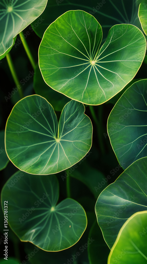 Poster Verdant green leaves displaying delicate vein patterns, creating rich botanical textural background with deep emerald hues