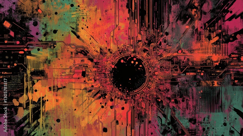 Poster backdrop featuring a chaotic circuitry explosion with neon pathways and halftones