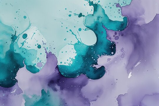 Harmonious Lilac Teal Watercolor Composition with Gentle Aquamarine Texture and Subtle Turquoise Splashes