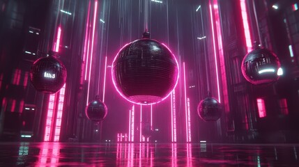 Spherical objects are suspended within an illuminated neon geometric structure