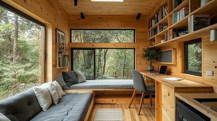 Wooden Cabin Office With Forest View And Built In Seating