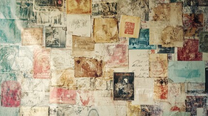 Nostalgic backdrop with coffee stains and faded stamps in a vintage comic style