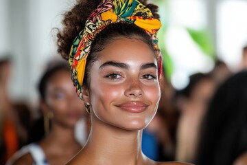 Naklejka premium A young woman with a bright smile radiates happiness and positivity in a lively environment, creating a vibrant atmosphere filled with joy and confidence.