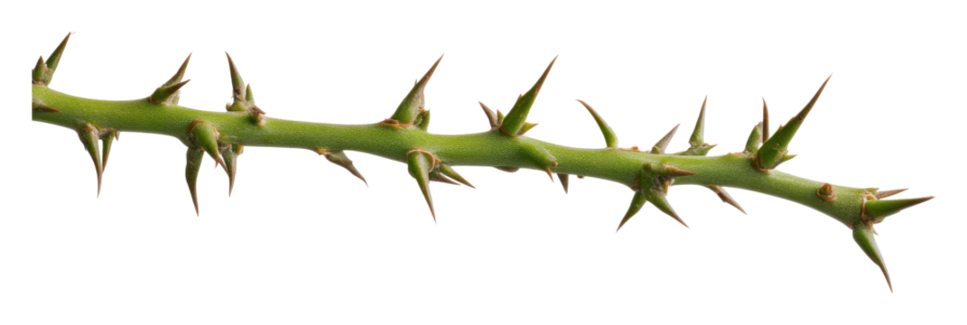 Green thorny rose stem on transparent background, detailed close-up. Nature and defense concept