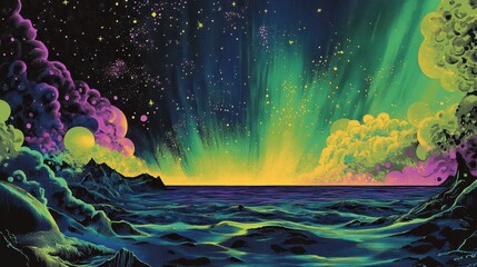 Classic comic wallpaper of aurora borealis with neon greens and halftone stars in the sky