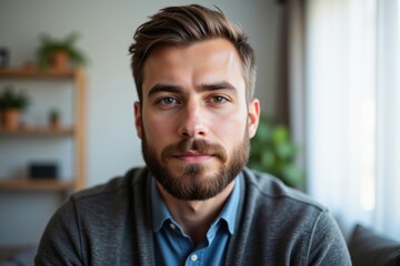 Naklejka premium Portrait of a Young Caucasian Male with a Beard in a Casual Blue Shirt and Cardigan, Sitting Indoors in a Bright, Cozy Living Space with Plants
