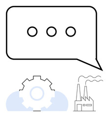 Speech bubble with three dots, gear over a cloud, and industrial factory illustrate connectivity, collaboration, technology, and manufacturing. Ideal for innovation, process development, technology