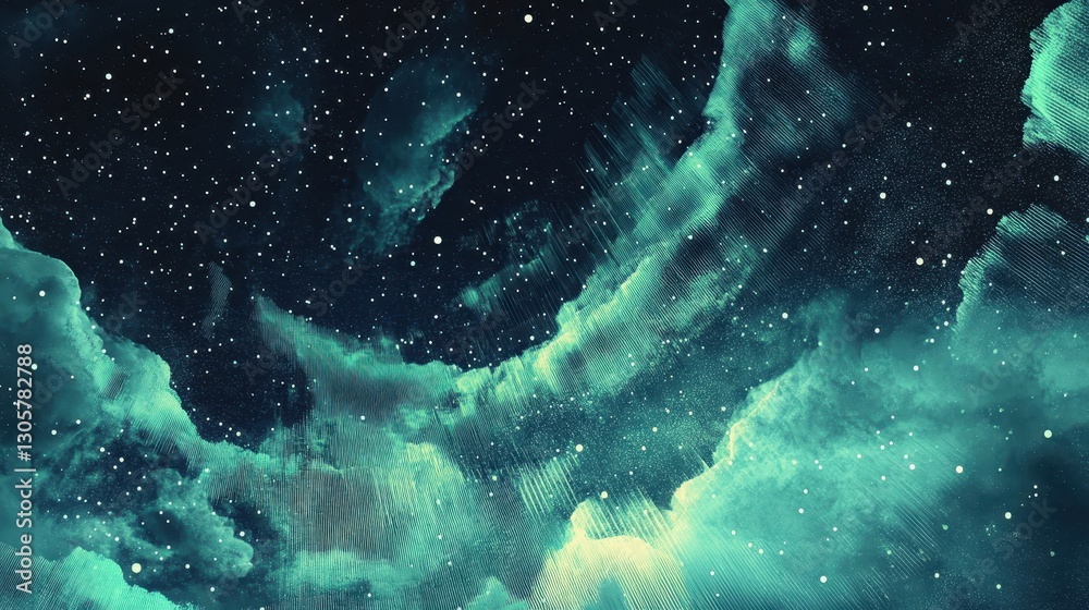 Wall mural atmospheric northern lights with glowing arcs and halftone textures creating depth