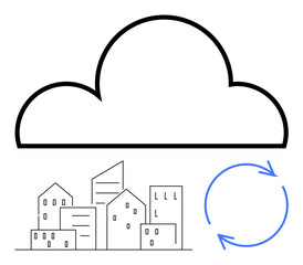 Cloud over cityscape with circular arrow highlights technology integration, smart cities, and eco-friendly innovations. Ideal for innovation, sustainability, urban planning, connectivity, cloud