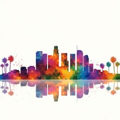 Watercolor Illustration of Palm Trees and City Skyline.
