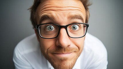 Person with wide eyes and glasses exudes a playful curiosity, captured in a close-up that highlights expressive features and vibrant energy.