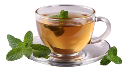 Steaming Herbal Tea with Fresh Mint Leaves in Elegant Glass Cup on Wooden Table