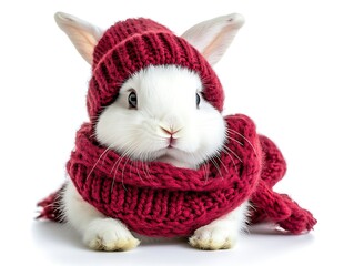 Cute bunny in red winter hat and scarf