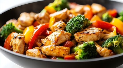 Fototapeta premium A wok of meat and vegetable noodle stir-fry, realistic food photography, isolated white background.