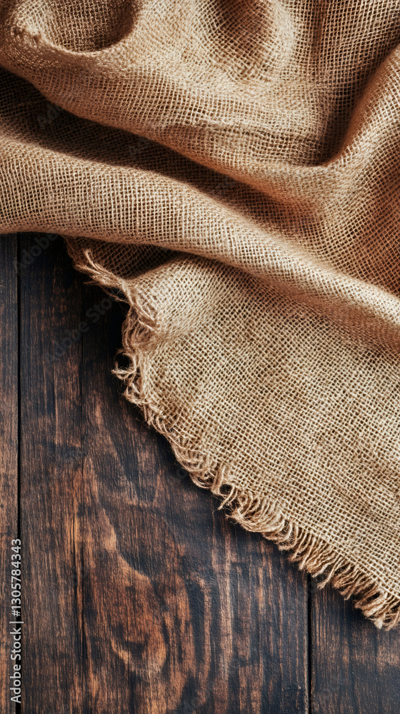 Poster Hessian fabric folded neatly on rustic wooden planks, creating an inviting empty space perfect for various design applications
