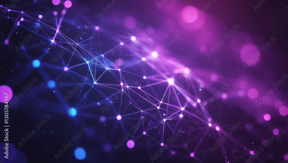 Fototapete Abstract Technology Background with Colorful Glowing Nodes and Connecting Lines in Deep Purple and Blue Shades for Digital Designs