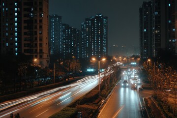 Fototapeta premium A city street at night, with tall buildings and lights in the background The road is filled with cars moving fast Generative AI