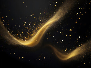 Obraz premium Abstract magic gold over black beautiful golden art widescreen phenomenon horizontal abstract glitter particle gold colored luxury no people illustration bright dust background. ai