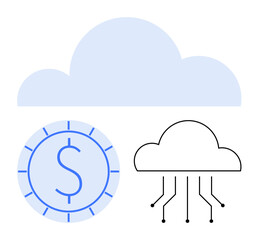 Circular dollar icon beside cloud connected with digital lines, representing financial transactions, cloud technology, and innovation. Ideal for finance, technology, economy, cybersecurity
