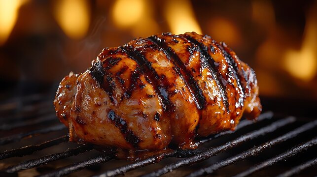 Professional image showcasing a single roasted chicken, positioned horizontally on a large metal skewer, tightly secured and perfectly browned, reflecting the shine of the golden