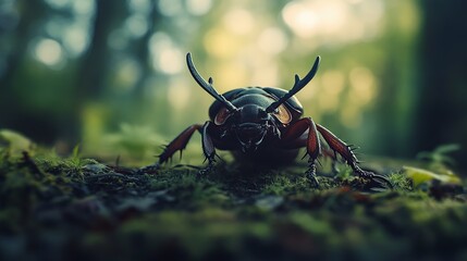 Horned beetle under forest canopy, soft ambient light, deep green and brown hues, and mysterious woodland mood, eye-level shot.