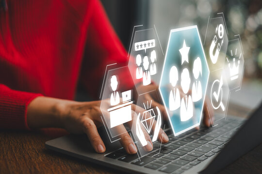 Visual representation of employer branding with digital icons and a professional using a laptop, symbolizing modern workplace strategies.