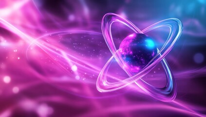 Abstract representation of an atom, with vibrant neon pink and blue glowing rings around a central sphere, set against a backdrop of swirling, blurred nebula-like shapes.
