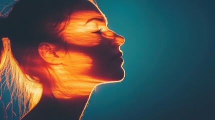 A woman basks in the wind with her eyes closed and hair flowing freely.