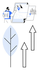 Man with backpack pointing at virtual map, destination marked. Arrows signify progress, growth. Leaf symbolizes environment, exploration, travel, navigation decision-making sustainable living. Flat