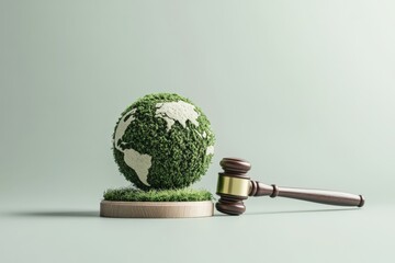 Judge gavel laying near green globe covered with grass representing environmental law