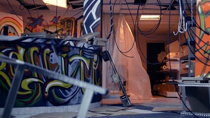 Advanced degradation in headquarters used by gang members with graffiti drawings sprayed on walls....