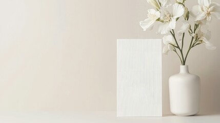  Elegant wedding RSVP invitation mockup with white flowers in minimalist vase on neutral background.