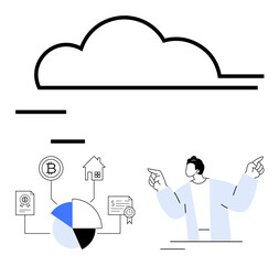 Cloud with connected elements, including cryptocurrency, real estate, analytics, and documents. Man pointing at components. Ideal for technology, finance, data sharing analysis digital