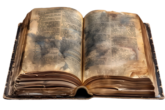 Weathered Antique Open Book on Wooden Table with Aged Pages and Texture