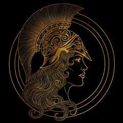 Elegant Golden Profile of a Woman Warrior in a Greek Helmet.
