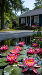 Obraz premium Pink Water Lilies In Pond Near House