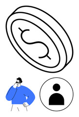 Large coin with dollar sign, man with hand on chin, and profile avatar. Ideal for finance, decision-making, savings, budgeting, personal growth consulting career. Flat simple metaphor