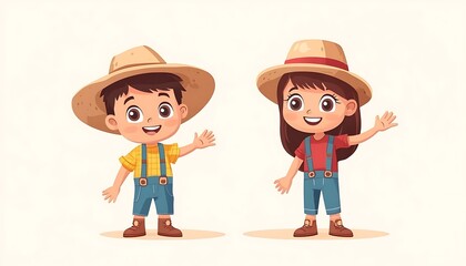 Children in straw hats waving