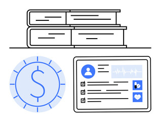 Stack of books, dollar symbol, and a digital health record interface with user details. Ideal for healthcare costs, education, financial management, medical data, knowledge research wellness. A