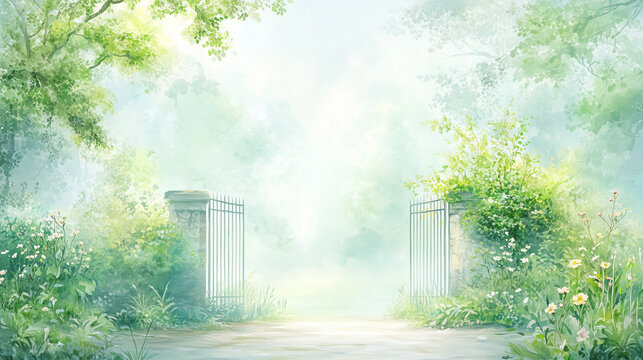 Open gate in misty green garden with soft light