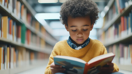 Young african child reading book in library aisle surrounded by shelves