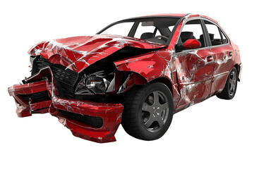 Crumpled Red Compact Car After Serious Collision on the Road
