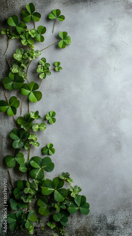 Poster Green clovers arranged vertically on a gray background, creating a natural frame with empty space for text or design