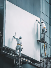 Workers Installing Blank Outdoor Billboard – Advertising and Marketing Concept