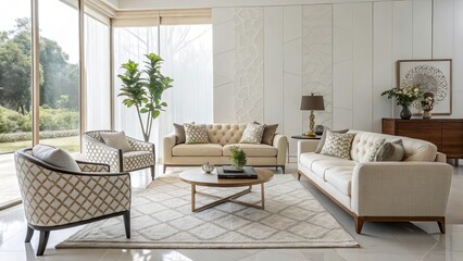 Fototapeta premium Modern Elegant Living Room: Spacious Design, Natural Light, Interior Decoration