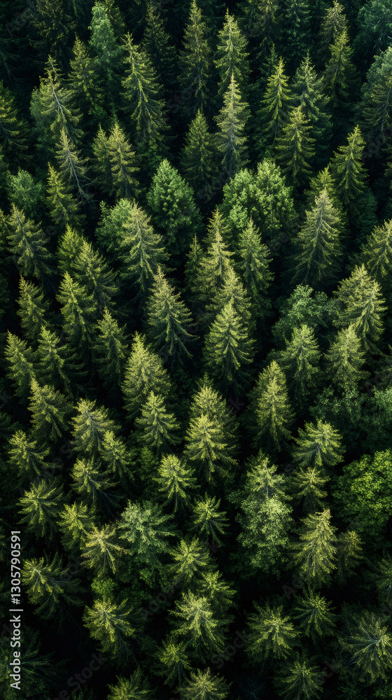Poster overhead view revealing a dense canopy of evergreen trees, creating a rich and vibrant green texture