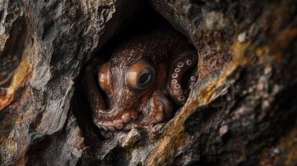 Obraz premium Octopus hiding inside hollow rock, soft dim light, rich dark red and brown tones, and secretive calm underwater vibe, close-up shot.