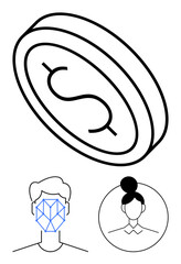 Facial recognition tech overlays on male and female avatars with dollar coin symbolizing secure biometric verification, AI, data privacy, fintech, authentication, and cybersecurity. Ideal for digital