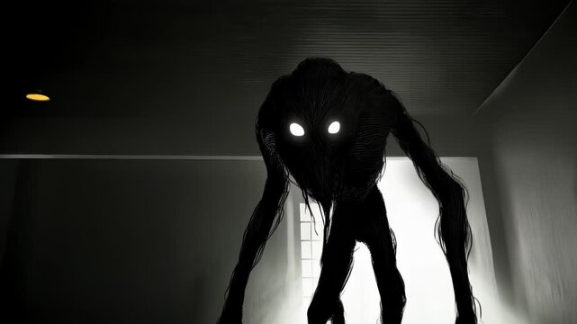 Terrifying Shadow Monster in Dark Hallway. Video. Horizontal.